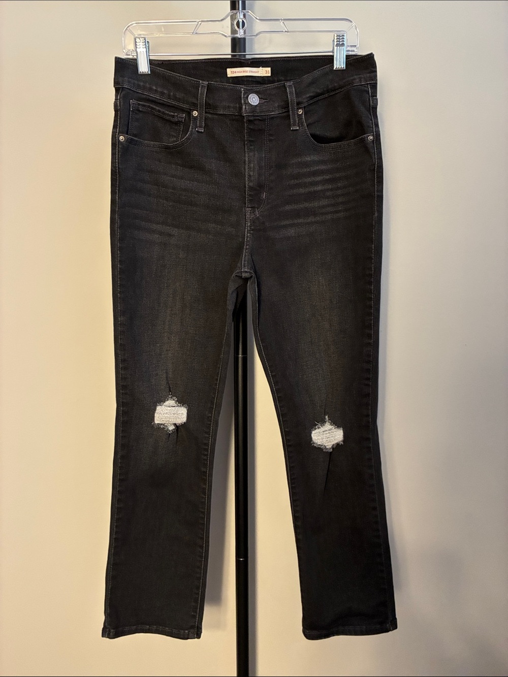 Levi's 724 High Rise Straight Leg Black Stretch Denim Jeans Knee Rips Size 31‎